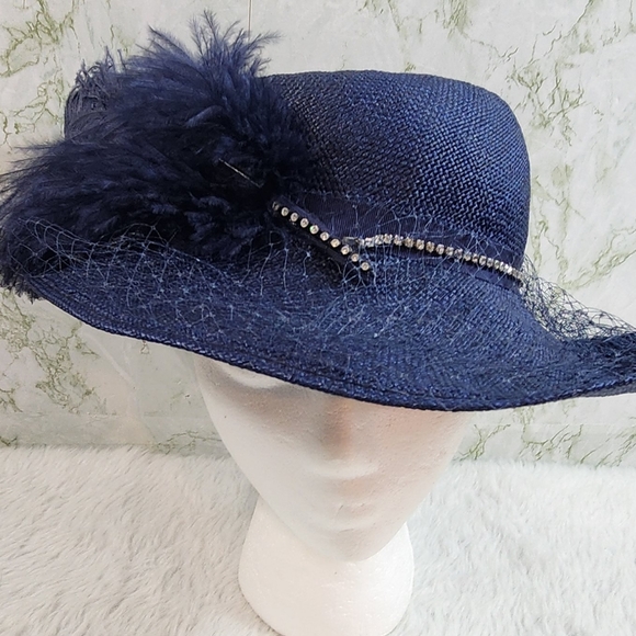 Ruth Alan Designs Navy Hat with Feathers and Rhinestones - Picture 3 of 12